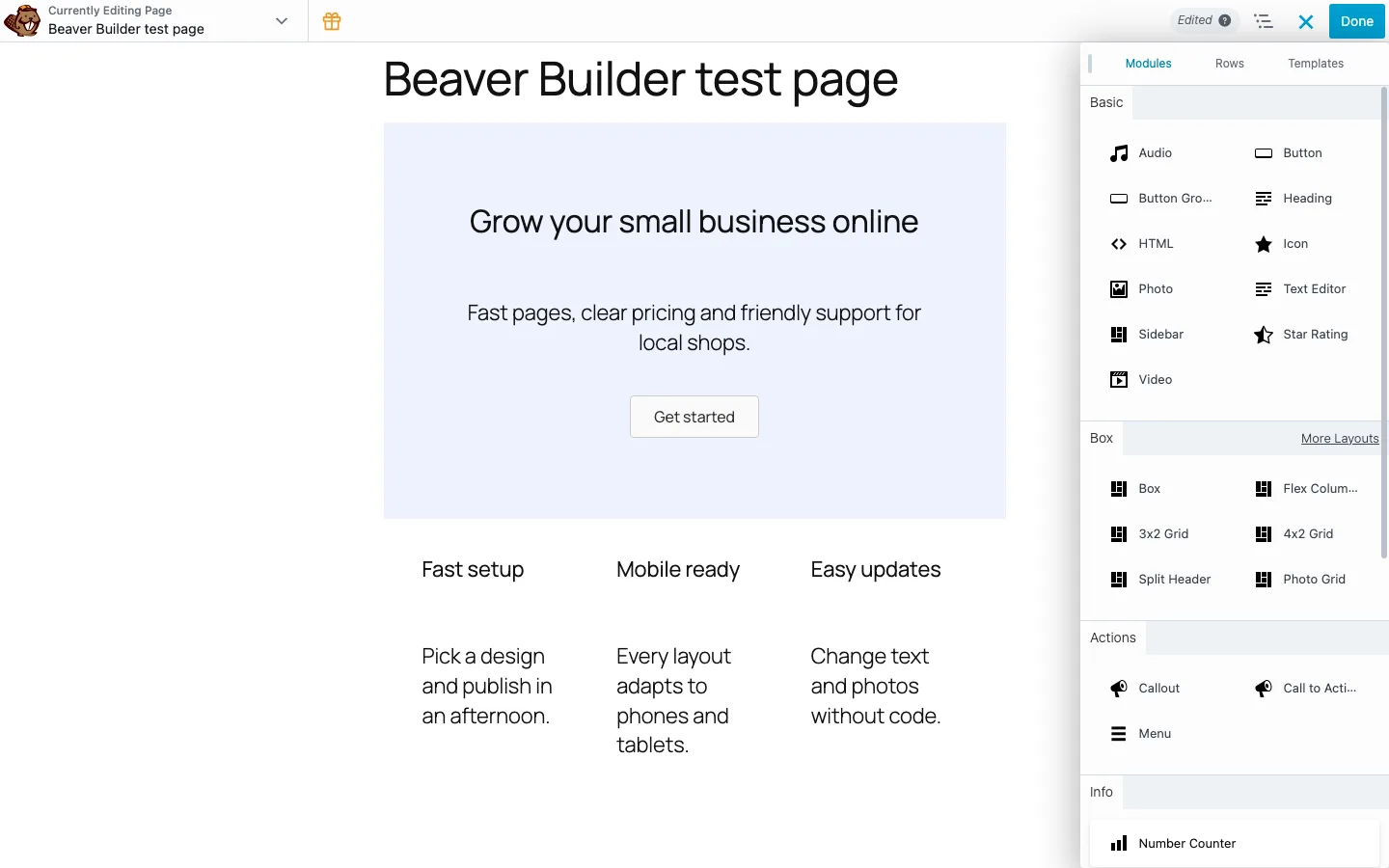 The Beaver Builder Lite 2.11 editor with the Modules panel open on the right and the finished hero and features section on the page