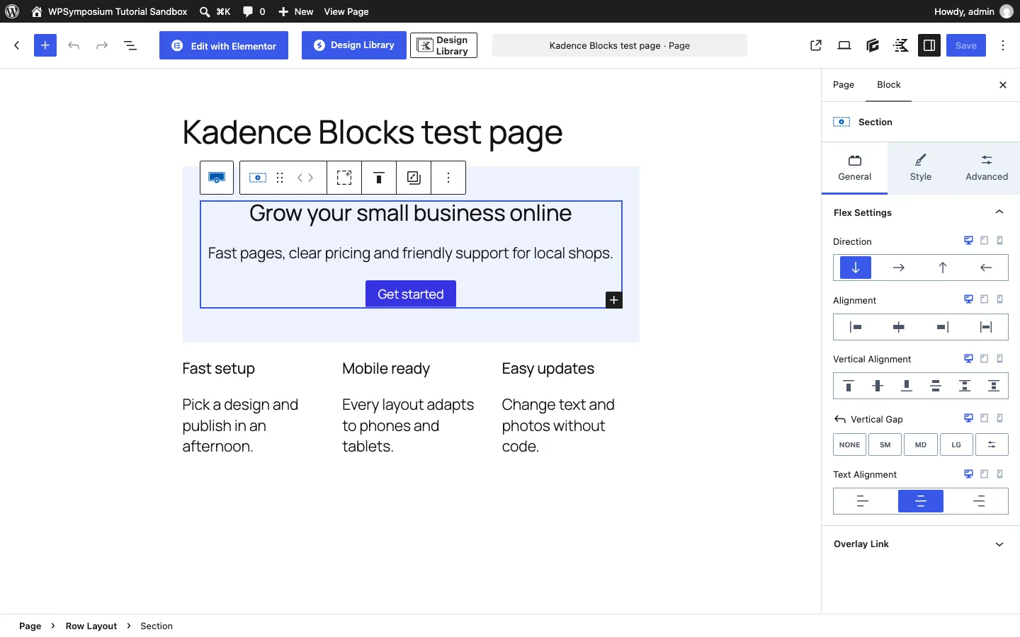 The block editor with Kadence Blocks 3.7.12, showing a Row Layout hero and three feature columns, with the Section block’s flex and text alignment settings in the sidebar