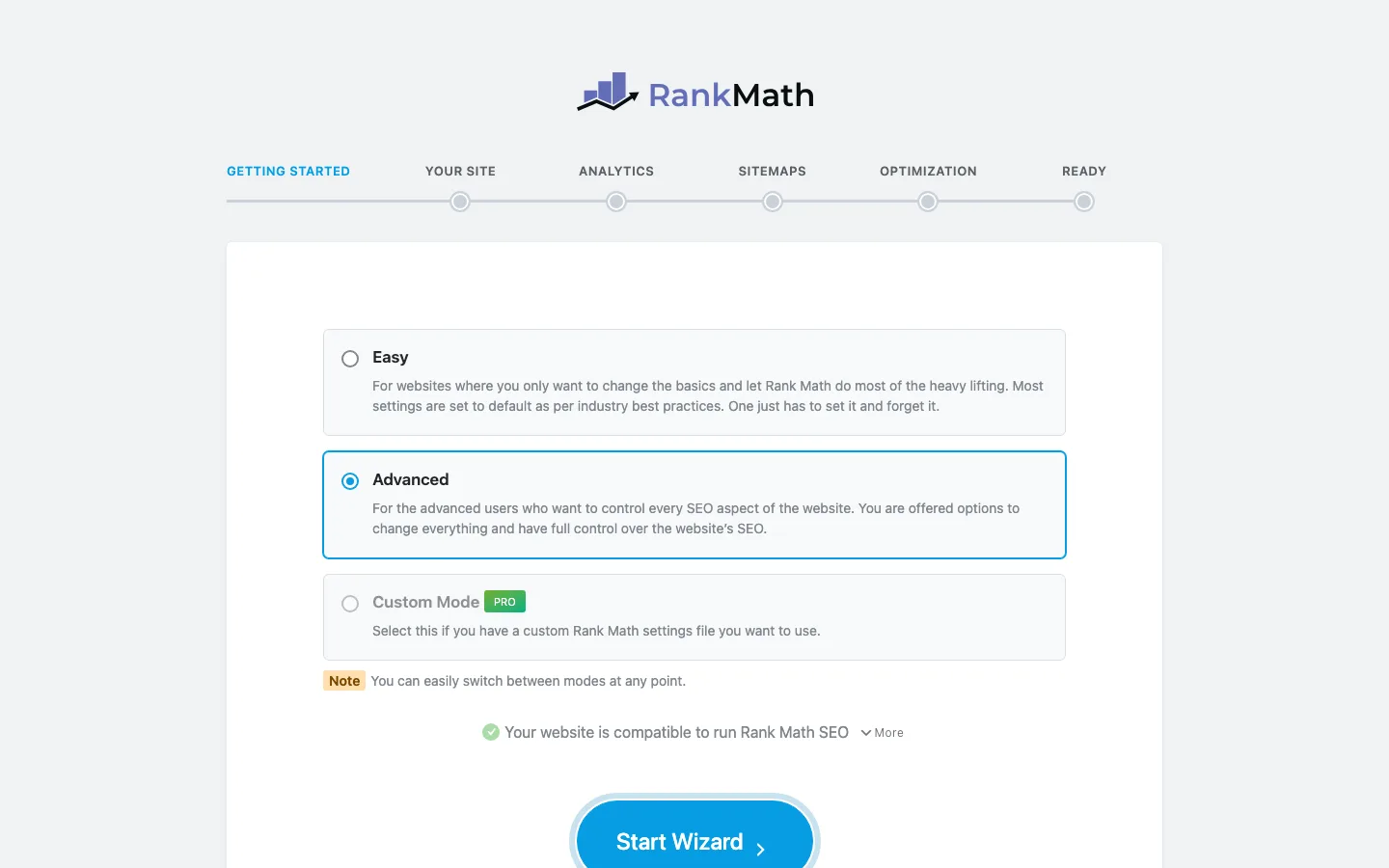 Rank Math setup wizard with Easy, Advanced and Custom Mode options and Advanced selected by default