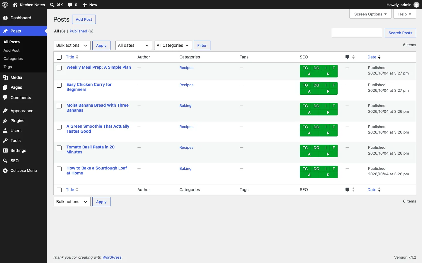 The SEO Framework’s SEO Bar column in the WordPress Posts list showing green TG, DG, I, F, A and R indicators for each post