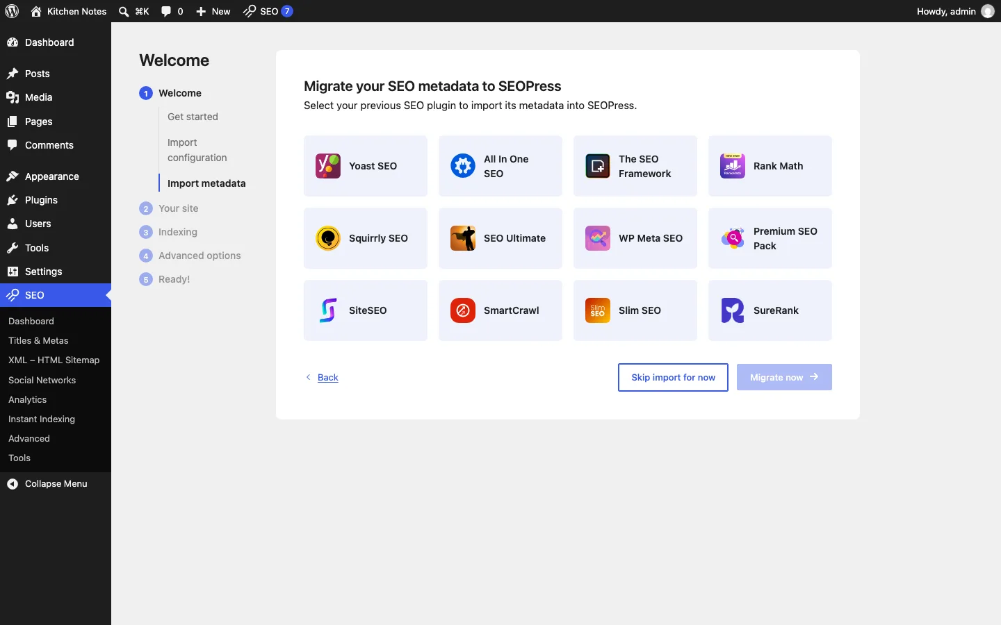 SEOPress setup wizard offering to migrate metadata from Yoast SEO, All In One SEO, The SEO Framework, Rank Math, Squirrly and seven other plugins