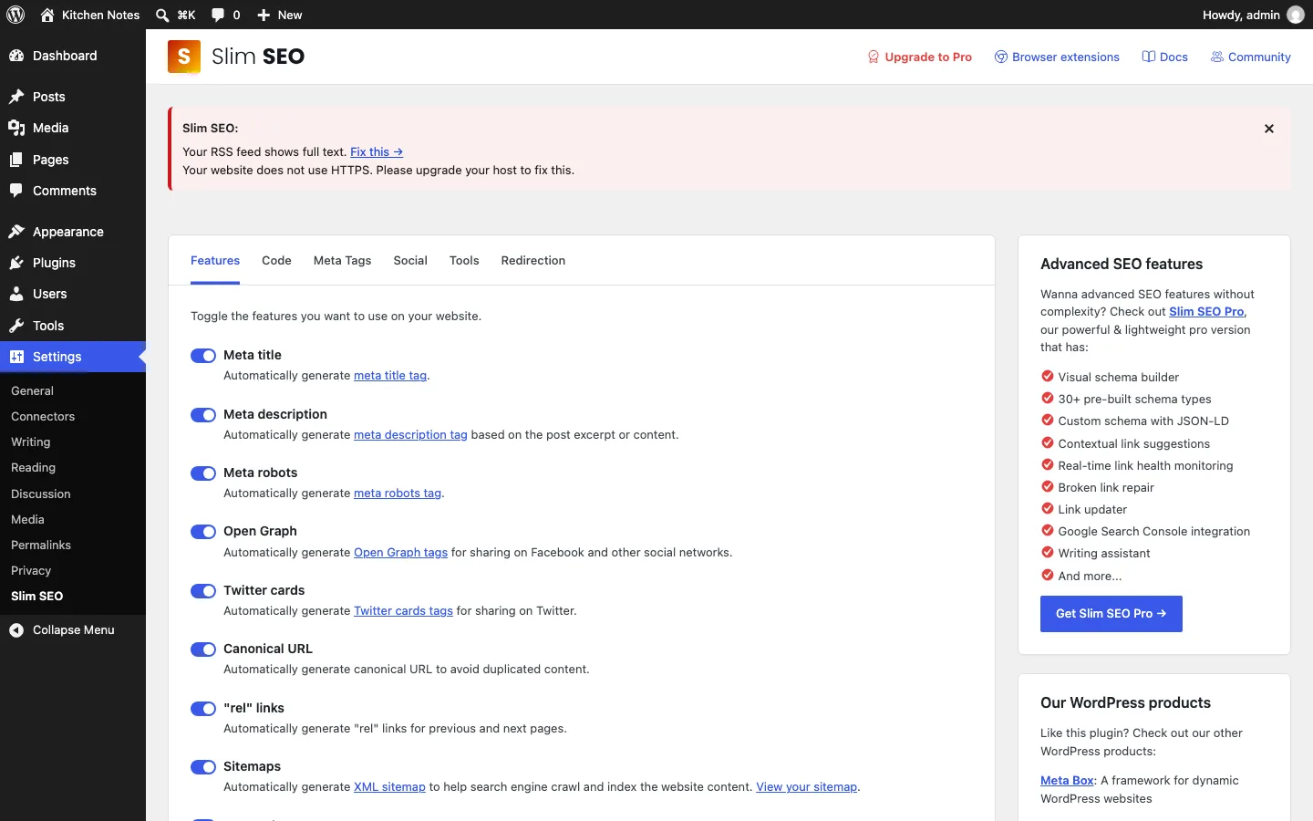 Slim SEO settings page with feature toggles for meta title, meta description, meta robots, Open Graph, Twitter cards, canonical URL and sitemaps