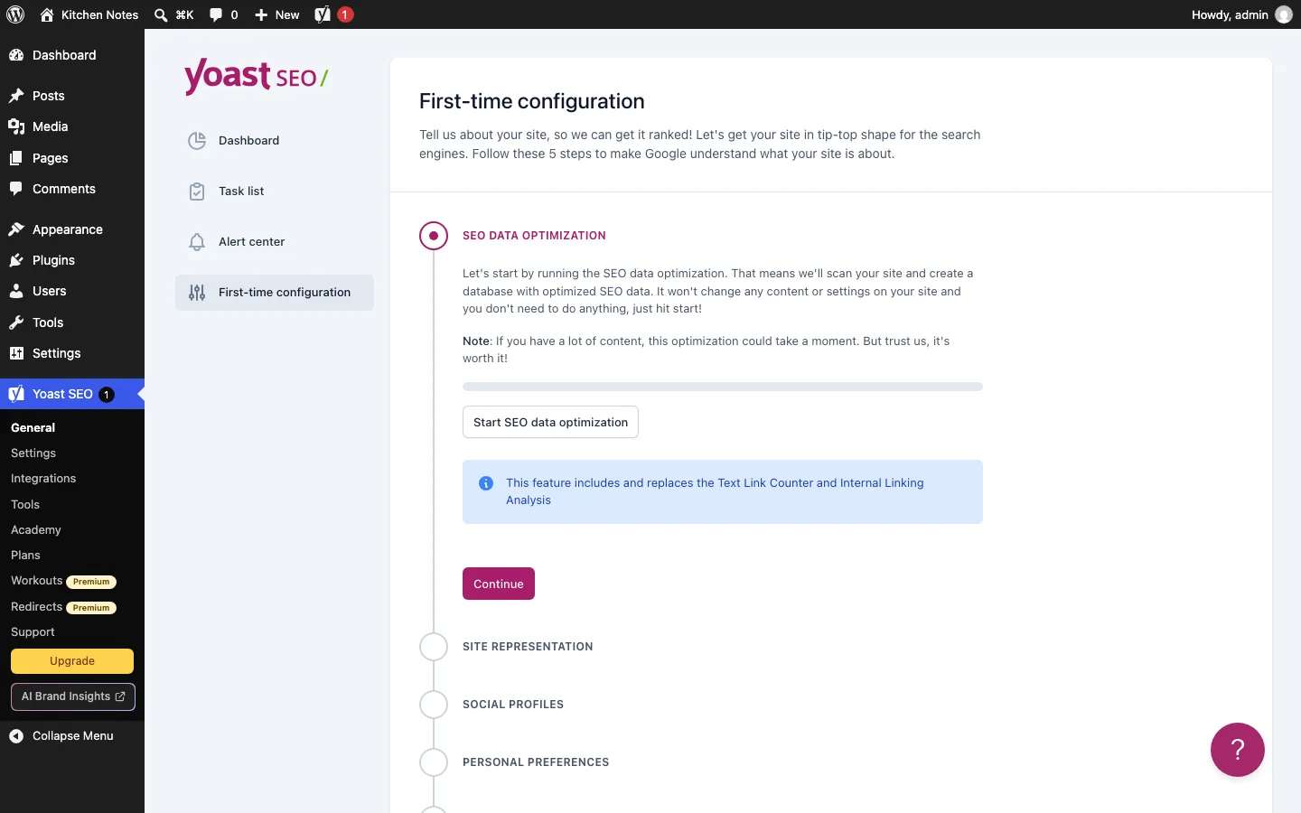 Yoast SEO first-time configuration showing the SEO data optimization step and the steps that follow