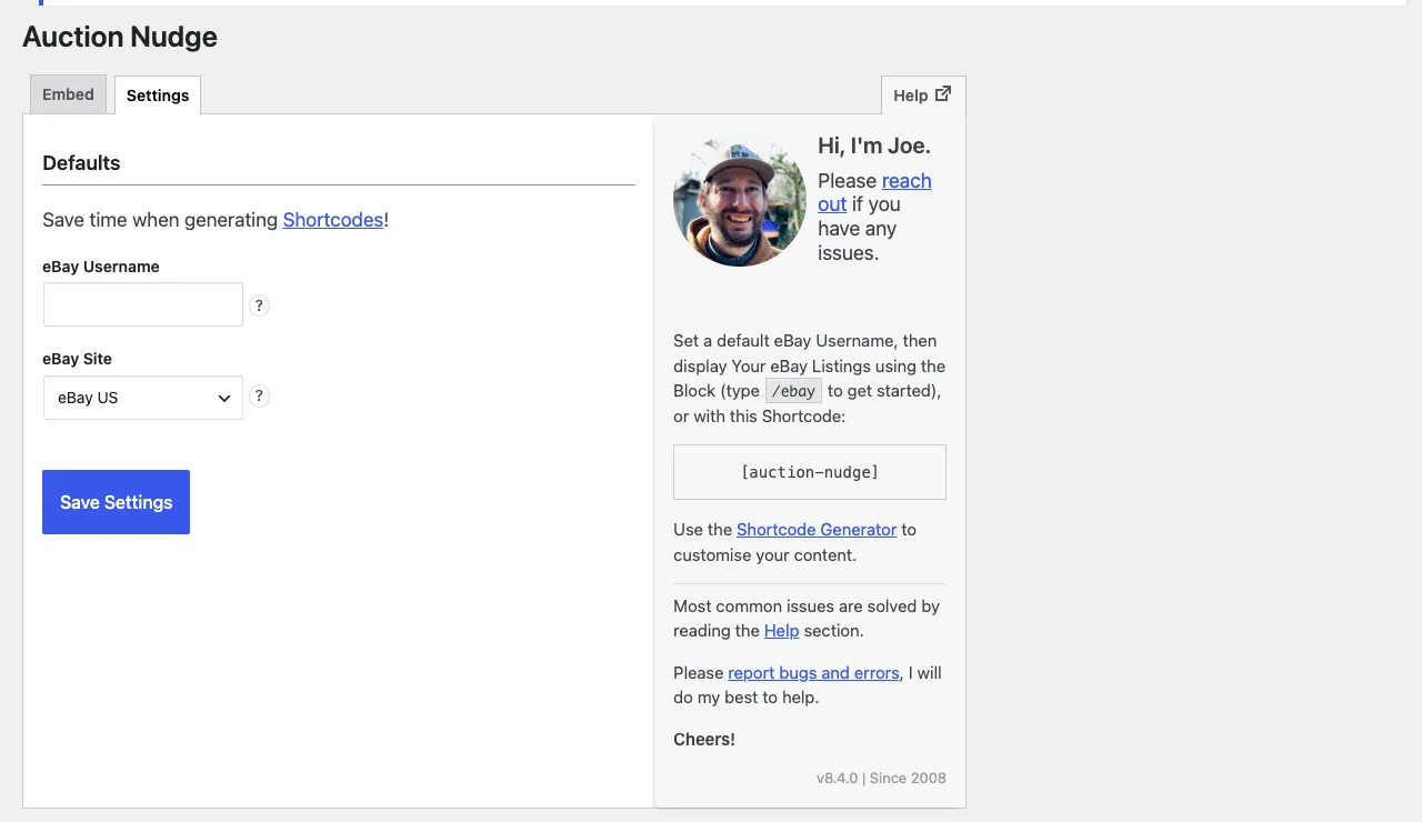 Auction Nudge settings screen with eBay username and eBay site fields and a shortcode example