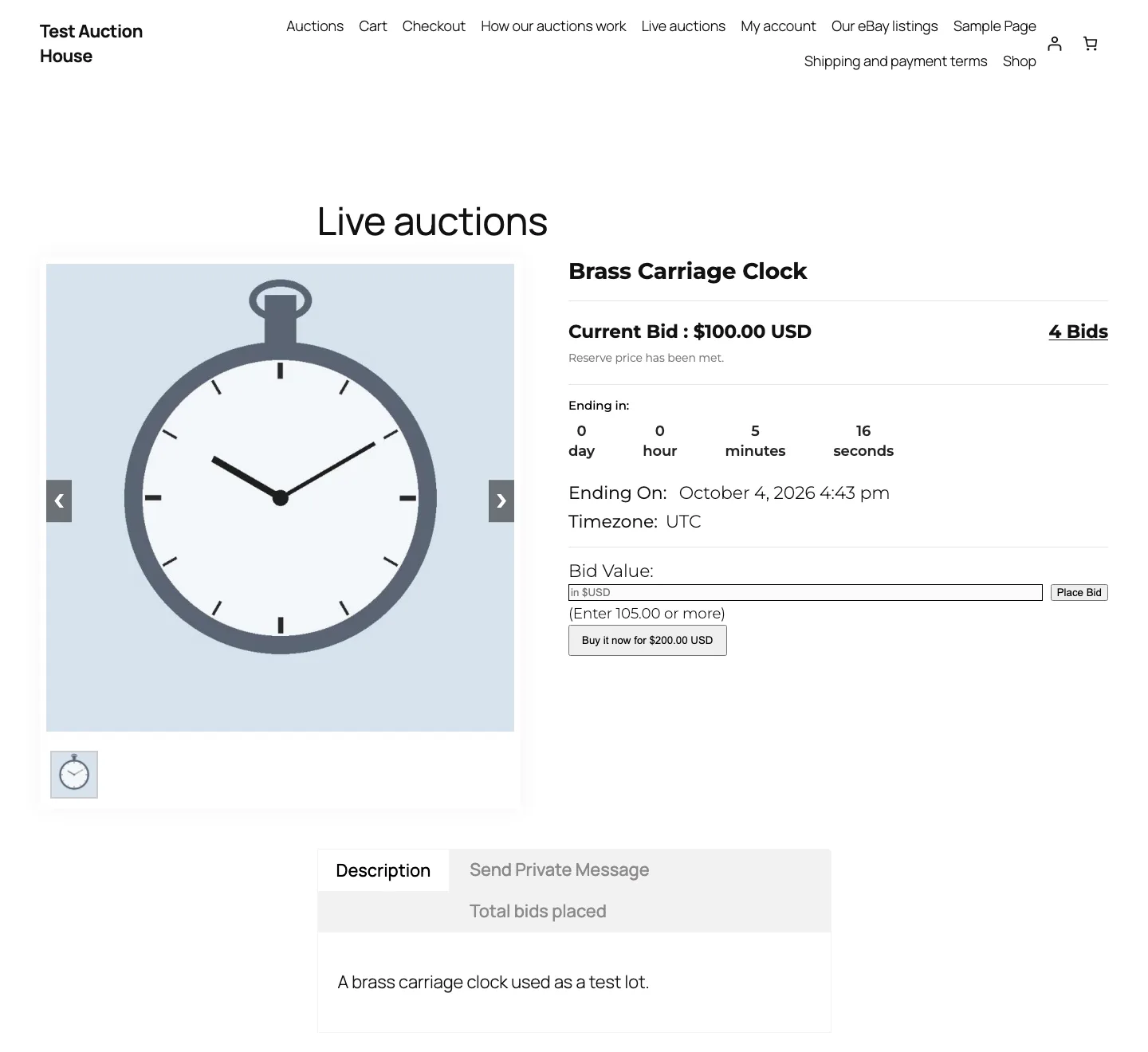 Standalone Ultimate WordPress Auction detail page with current bid of $100, countdown, bid box and buy it now button