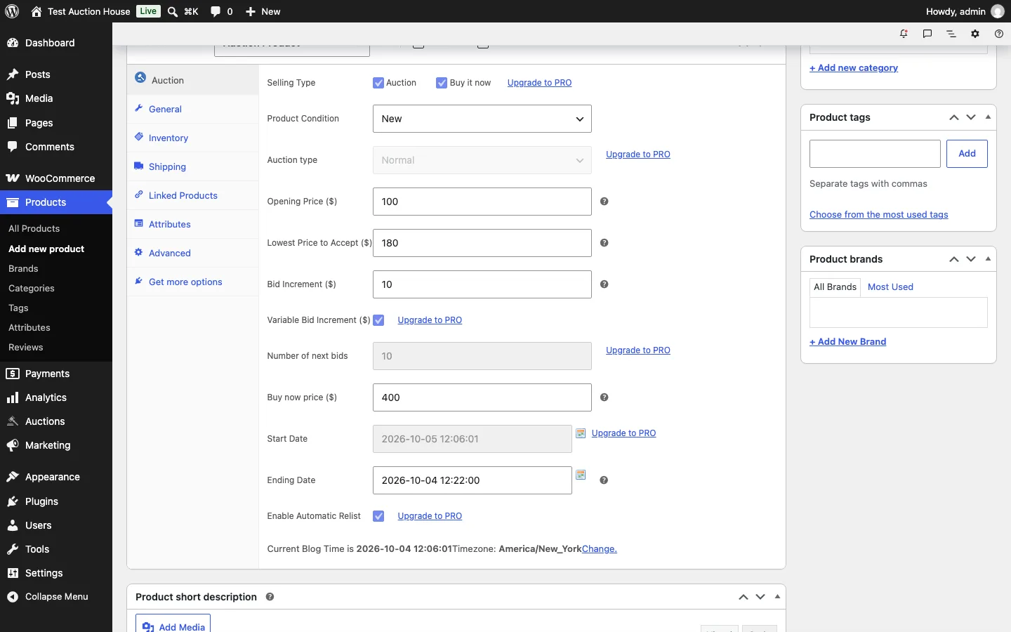 Ultimate Auction for WooCommerce product editor with opening price, reserve, bid increment, buy now price and end date fields