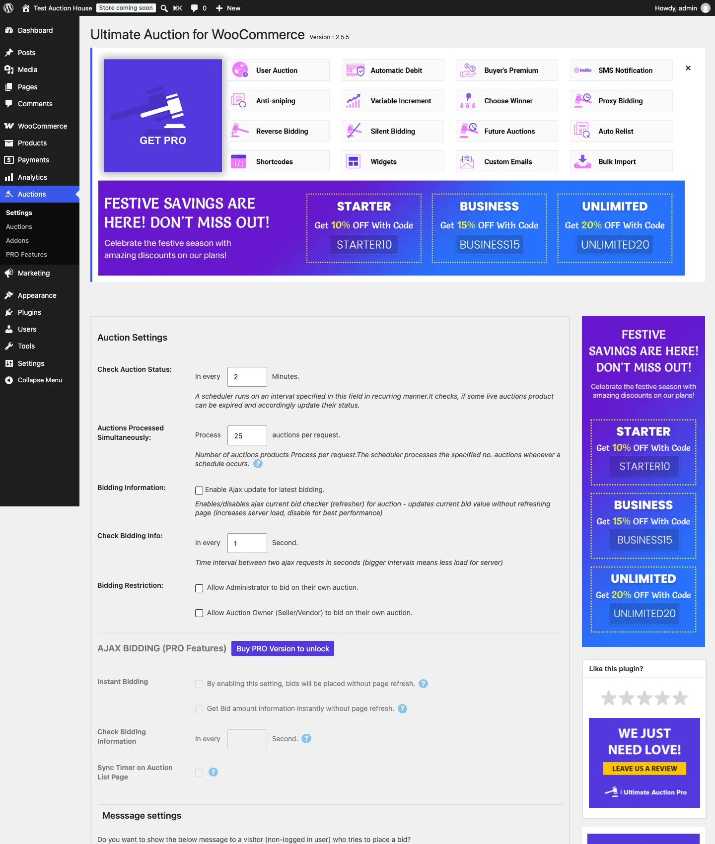 Ultimate Auction for WooCommerce settings page with Get Pro and discount banners above the settings