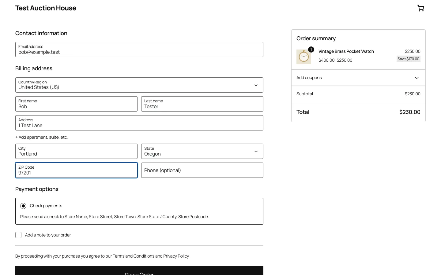 WooCommerce checkout with the auction item at the winning bid of $230