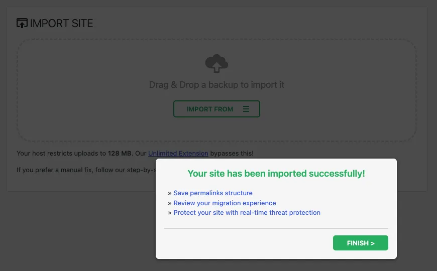 All-in-One WP Migration Import Site page with a “Your site has been imported successfully!” pop-up and a Finish button