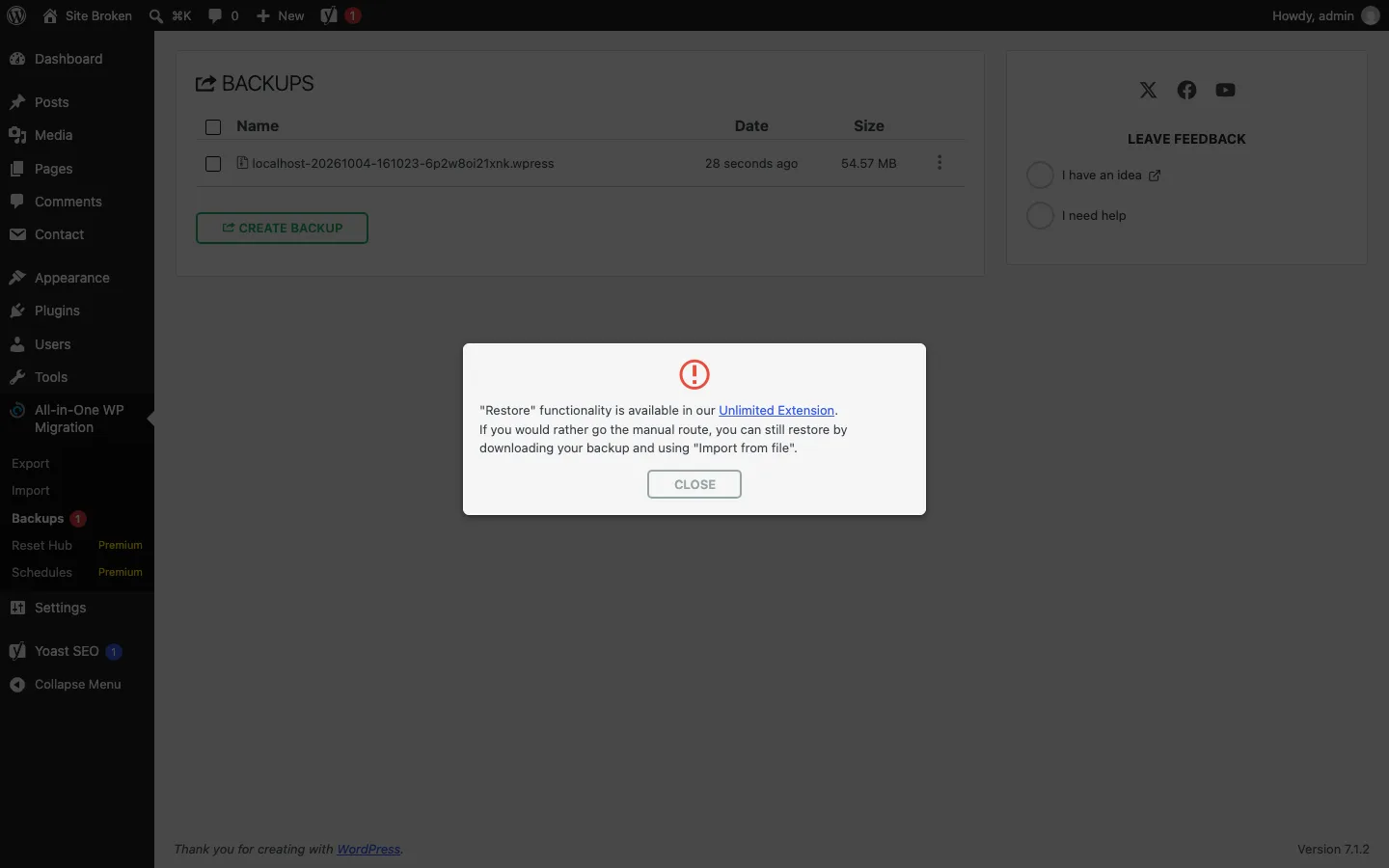 All-in-One WP Migration Backups page with a pop-up saying the Restore functionality is available in the Unlimited Extension, and that you can still restore by downloading the backup and using Import from file