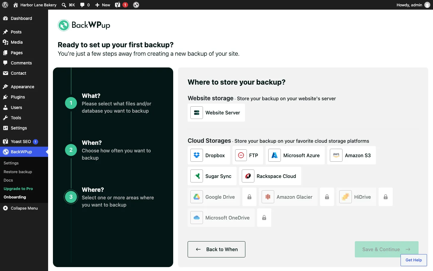 BackWPup onboarding step “Where to store your backup?” showing Website Server, and cloud options Dropbox, FTP, Microsoft Azure, Amazon S3, Sugar Sync and Rackspace Cloud, with Google Drive, Amazon Glacier, HiDrive and Microsoft OneDrive greyed out with lock icons