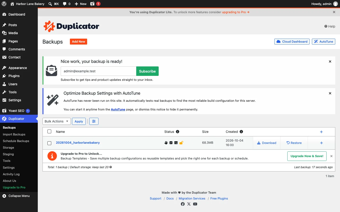 Duplicator Backups page with “Nice work, your backup is ready!”, an AutoTune notice, and one 68.3MB backup with Download and Restore buttons