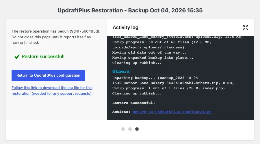 UpdraftPlus restoration page showing “Restore successful!” with the activity log listing the uploads and others archives being unpacked