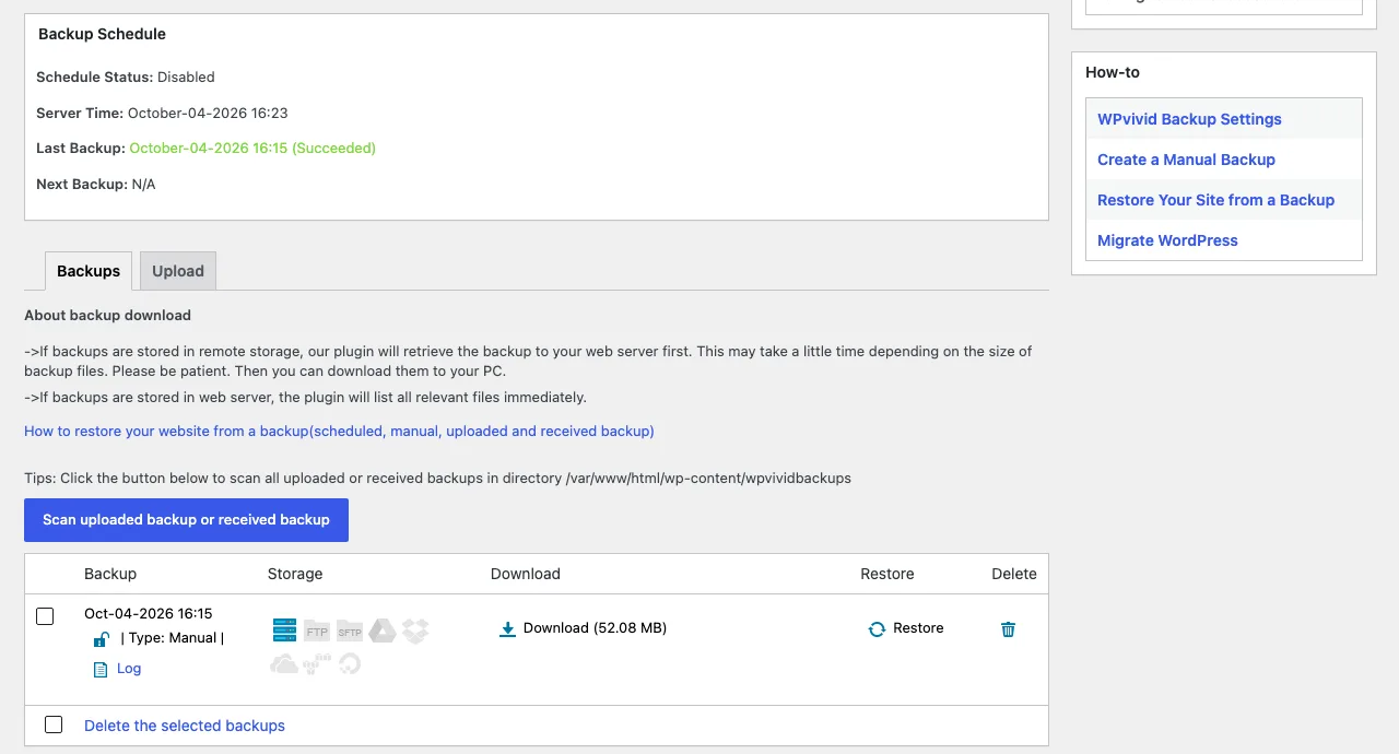 WPvivid Backups list showing a manual backup from Oct-04-2026 16:15 with a Download (52.08 MB) link and a Restore button, and storage icons for FTP, SFTP, Google Drive and Dropbox