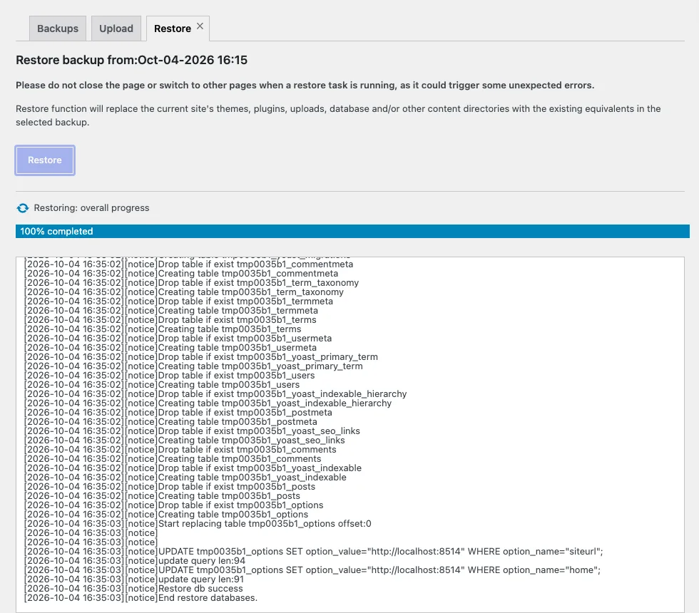 WPvivid restore panel showing “Restoring: overall progress” at 100% completed, with a log ending in “Restore db success” and “End restore databases”