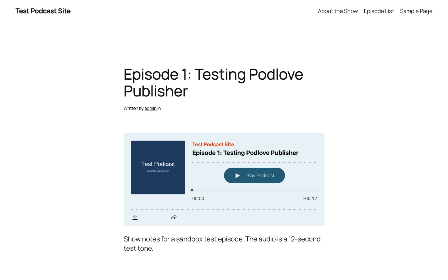Podlove Web Player 5 on the front end with cover art, a Play Podcast button, progress bar, download and share icons