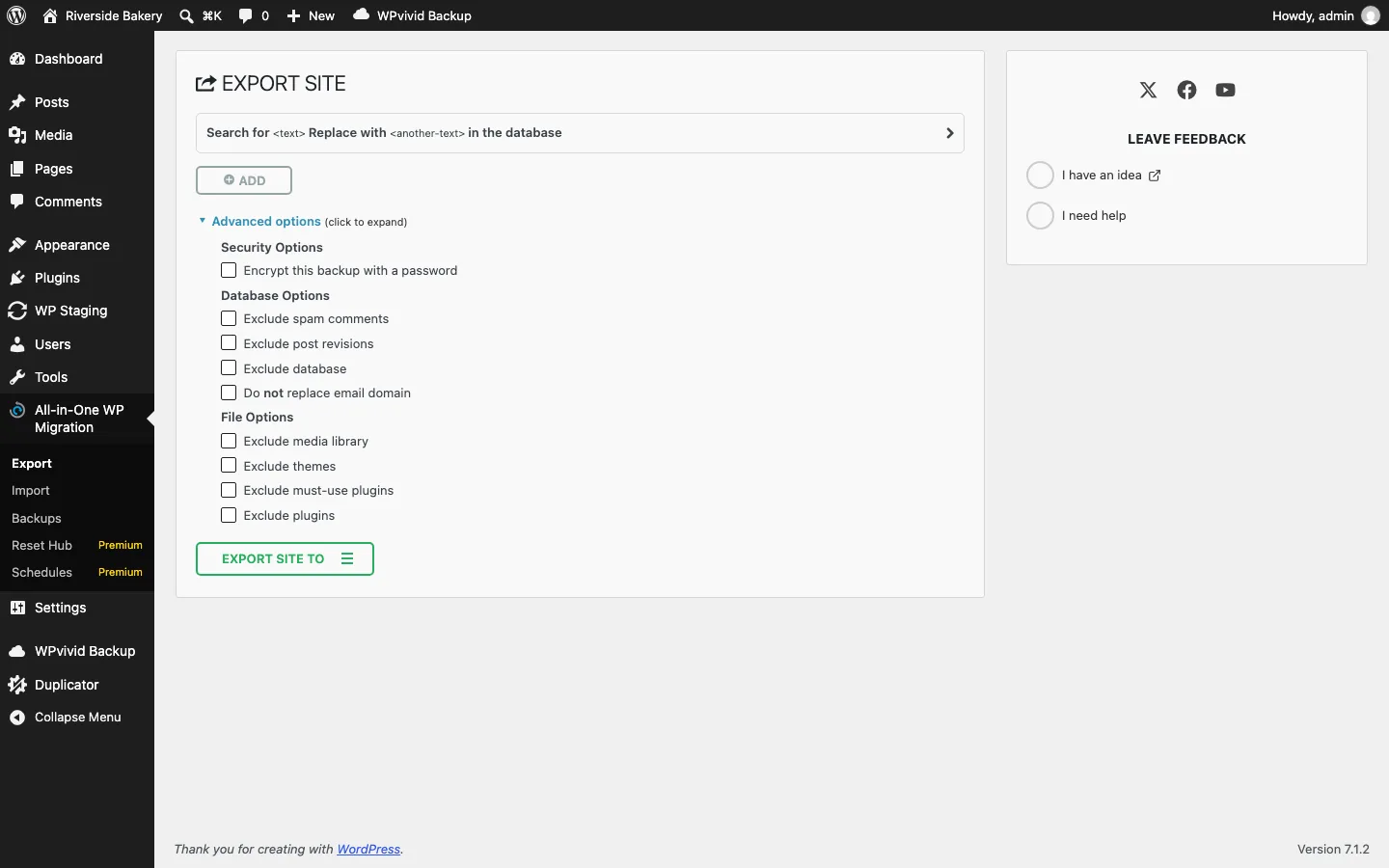All-in-One WP Migration Export Site screen with advanced options to exclude spam comments, post revisions, media library, themes and plugins