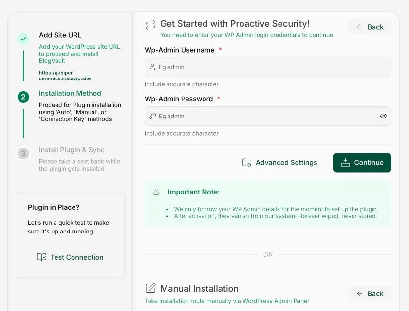 BlogVault Add Site step 2, Installation Method, asking for a WP-Admin username and password, with a note that the details are only borrowed to set up the plugin and a Manual Installation option below