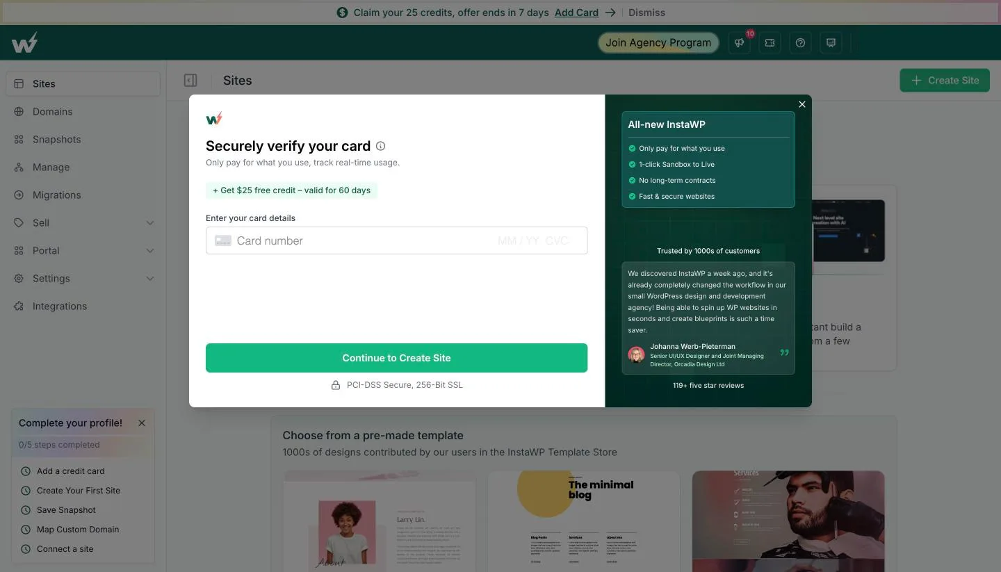 InstaWP Securely verify your card dialog with a card number field, an offer of $25 free credit valid for 60 days, and a Continue to Create Site button