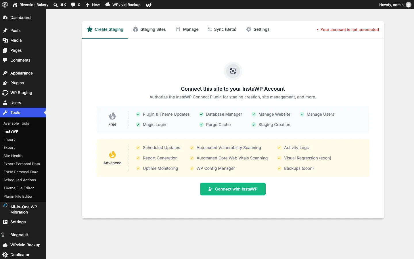 InstaWP Connect plugin screen saying the account is not connected, with free and advanced feature lists and a Connect with InstaWP button