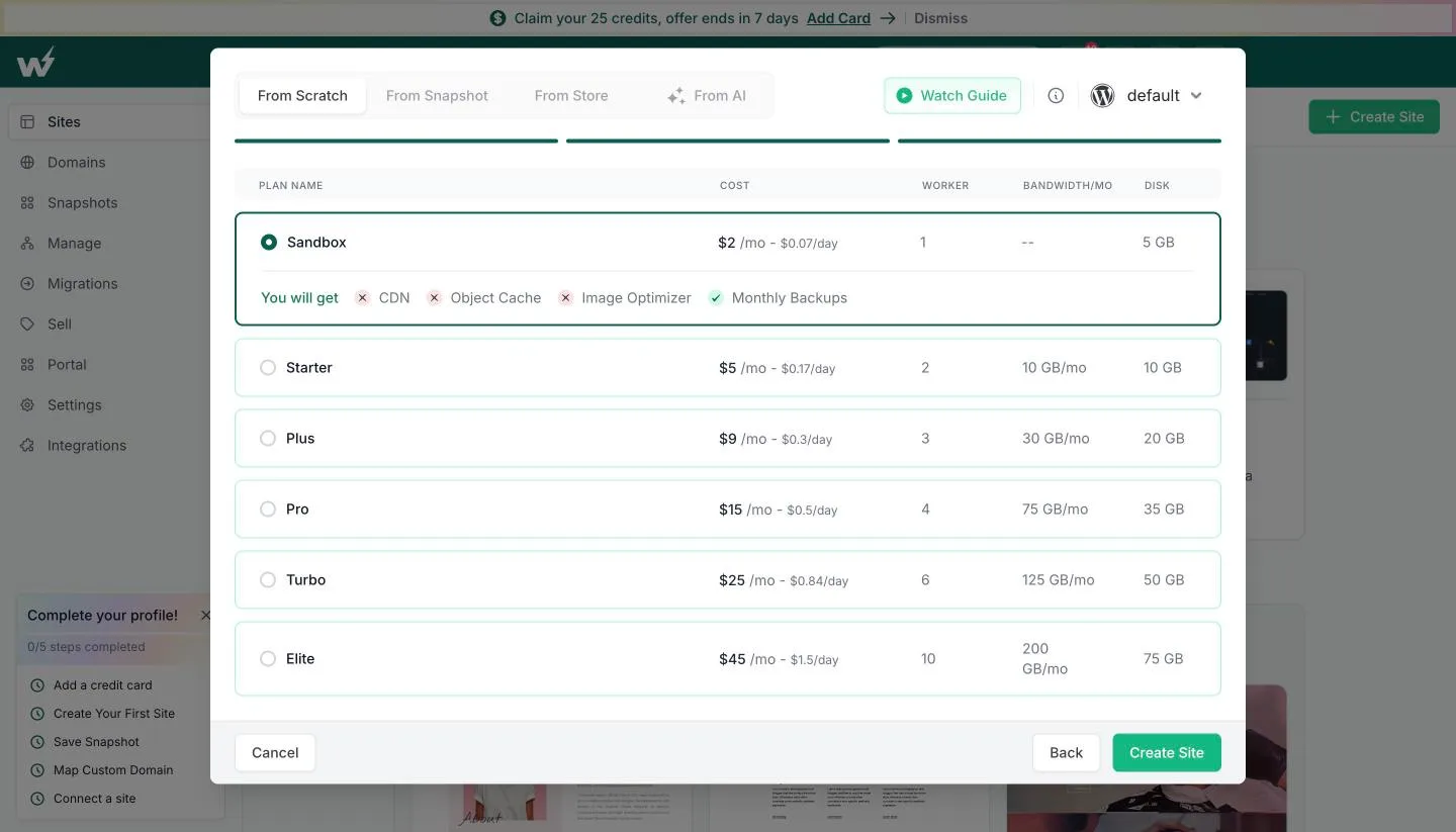 InstaWP Create Site plan step listing Sandbox at $2 a month or $0.07 a day with 1 worker and 5 GB disk, and Starter, Plus, Pro, Turbo and Elite plans from $5 to $45 a month