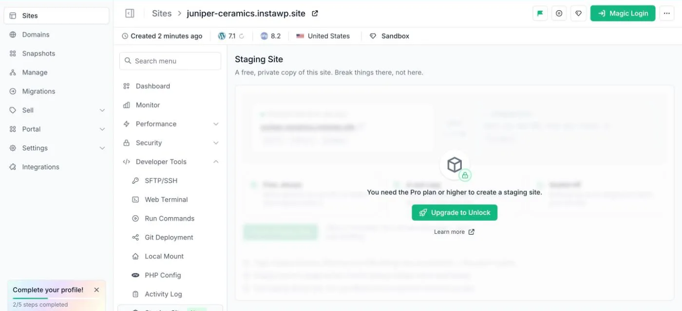 InstaWP Staging Site page for a Sandbox site with the message You need the Pro plan or higher to create a staging site and an Upgrade to Unlock button