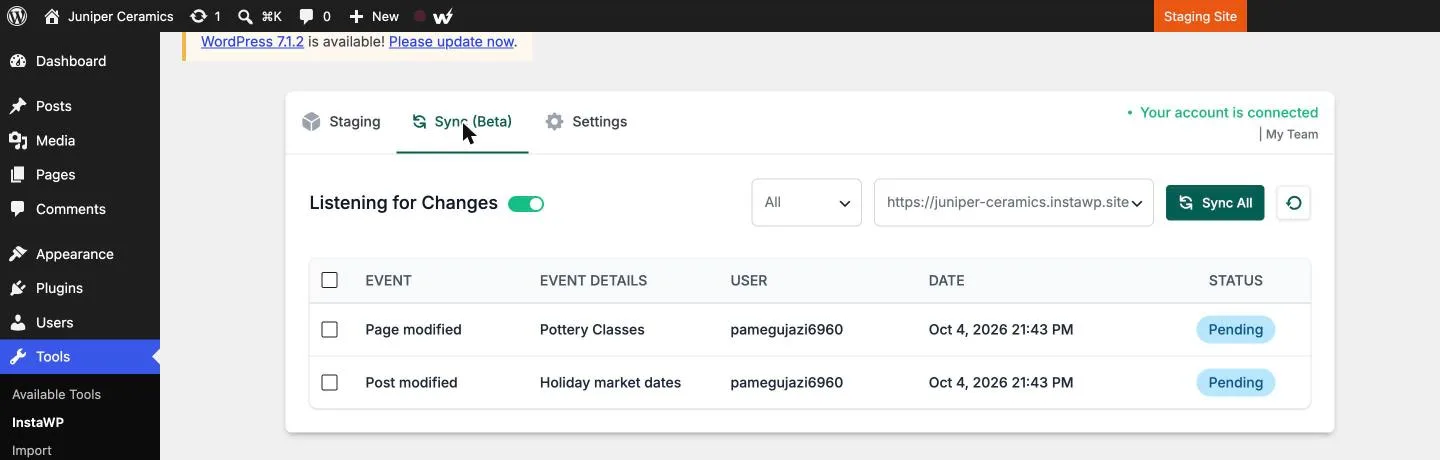 InstaWP Connect Sync Beta tab on the staging site with Listening for Changes switched on and two pending events, Page modified Pottery Classes and Post modified Holiday market dates, ready to sync to the live site