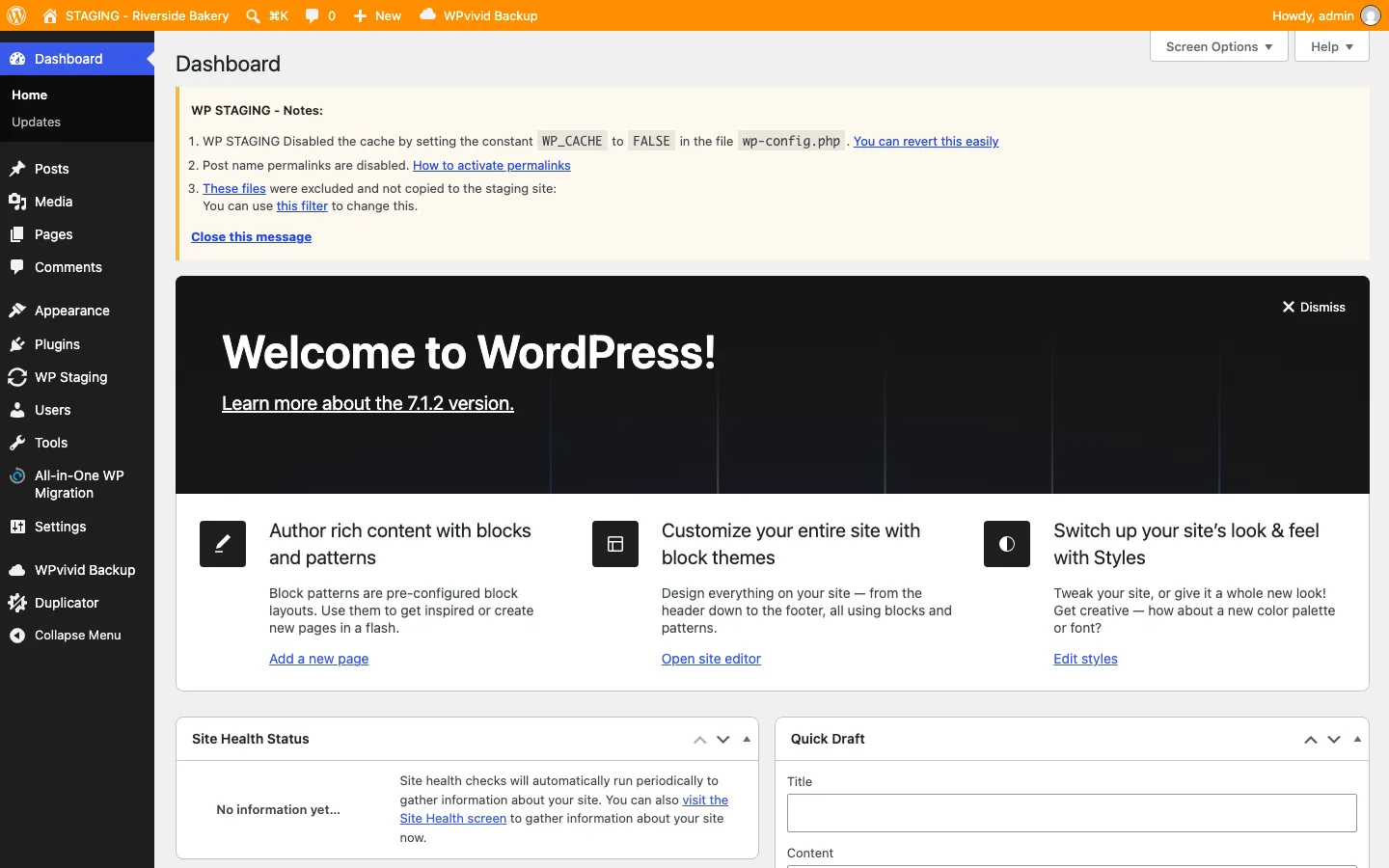 WordPress dashboard of the WP Staging clone with an orange admin bar labeled STAGING and a notes box listing disabled cache and excluded files