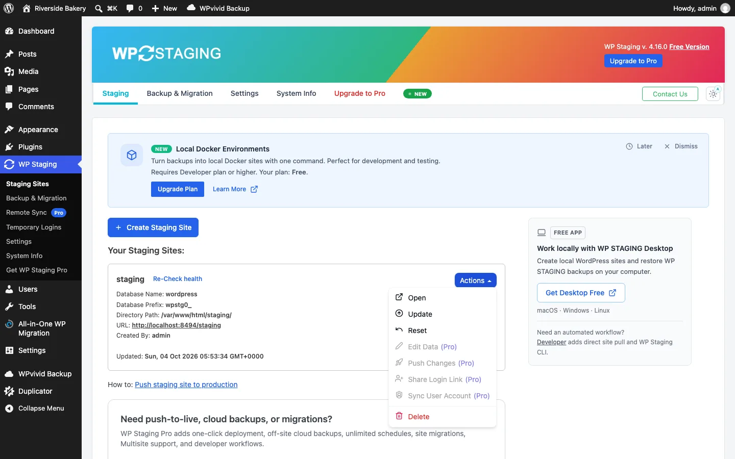 WP Staging Actions menu with Open, Update and Reset available and Edit Data, Push Changes, Share Login Link and Sync User Account marked Pro