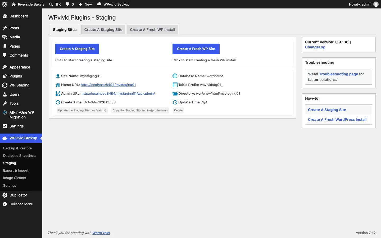 WPvivid Staging screen listing a staging site called mystaging01 with Update the Staging Site and Copy the Staging Site to Live buttons marked pro feature