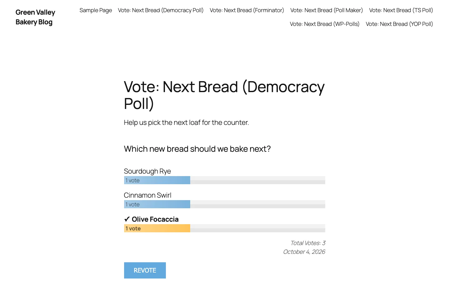 Democracy Poll results with a tick next to the visitor’s choice and a Revote button