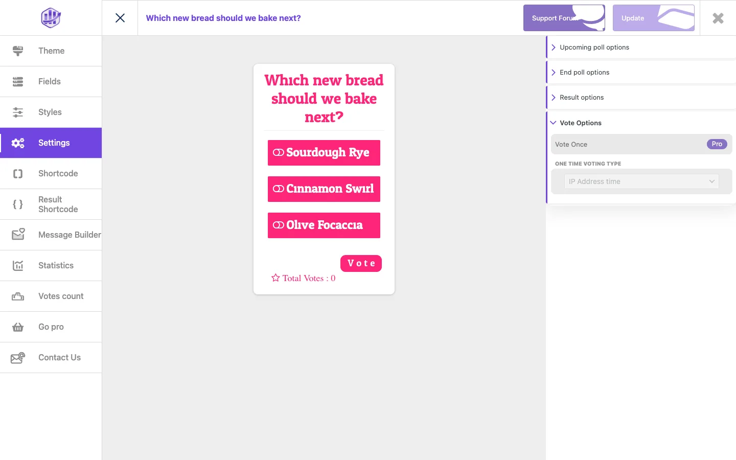 TS Poll Settings panel with the Vote Once option marked Pro