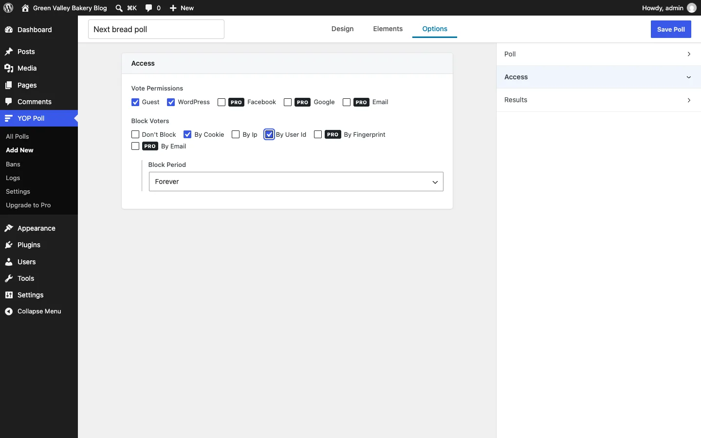 YOP Poll Access options with Guest and WordPress voting enabled and blocking by cookie and user ID