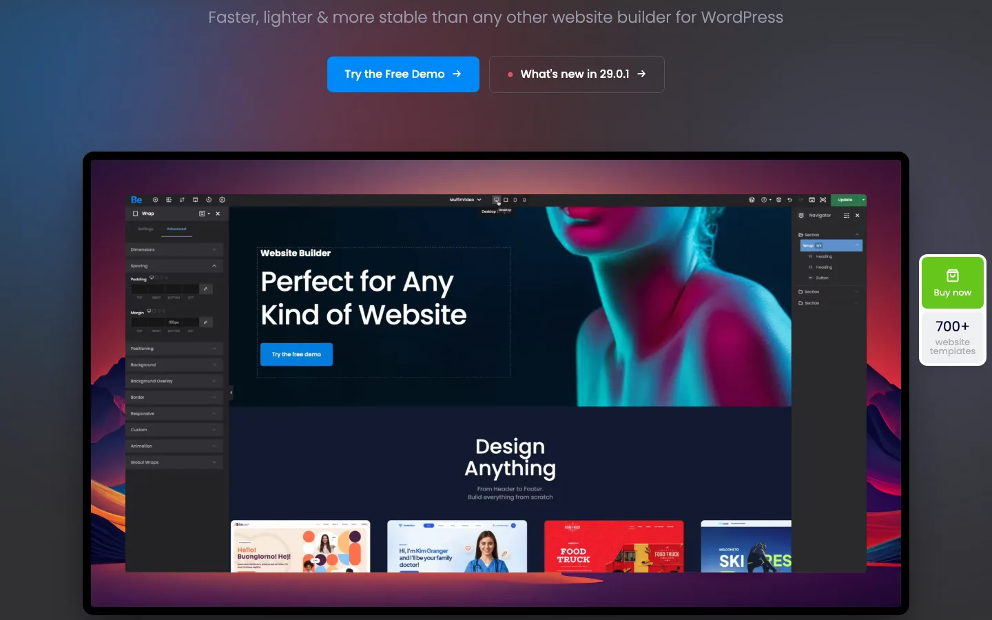 BeBuilder live editor with settings panel on the left and navigator on the right