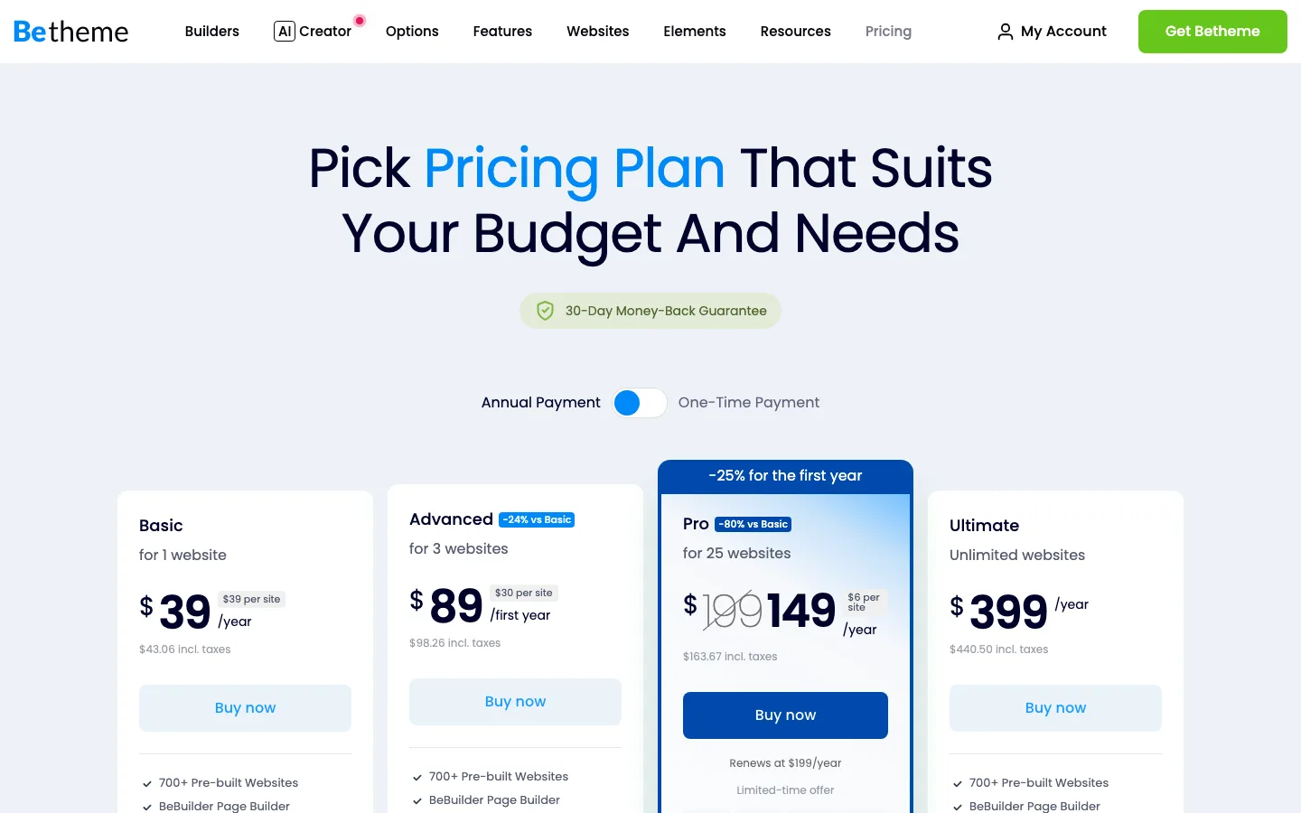 BeTheme pricing page showing annual plans for 1, 3, 25 and unlimited websites