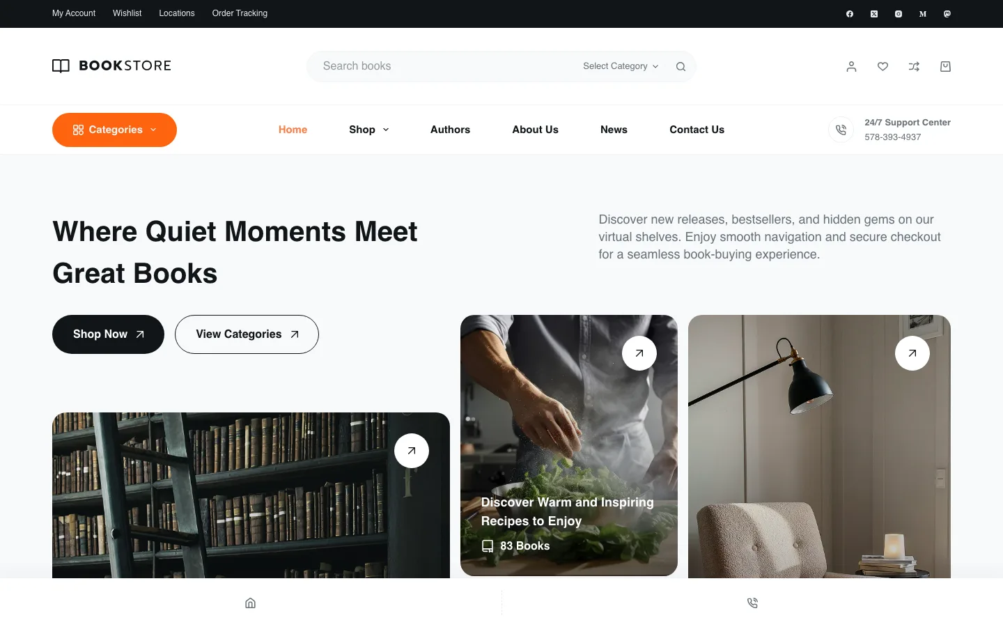 Homepage of the Pro Book Store starter site with a search bar, orange Categories button, menu, and a hero reading Where Quiet Moments Meet Great Books