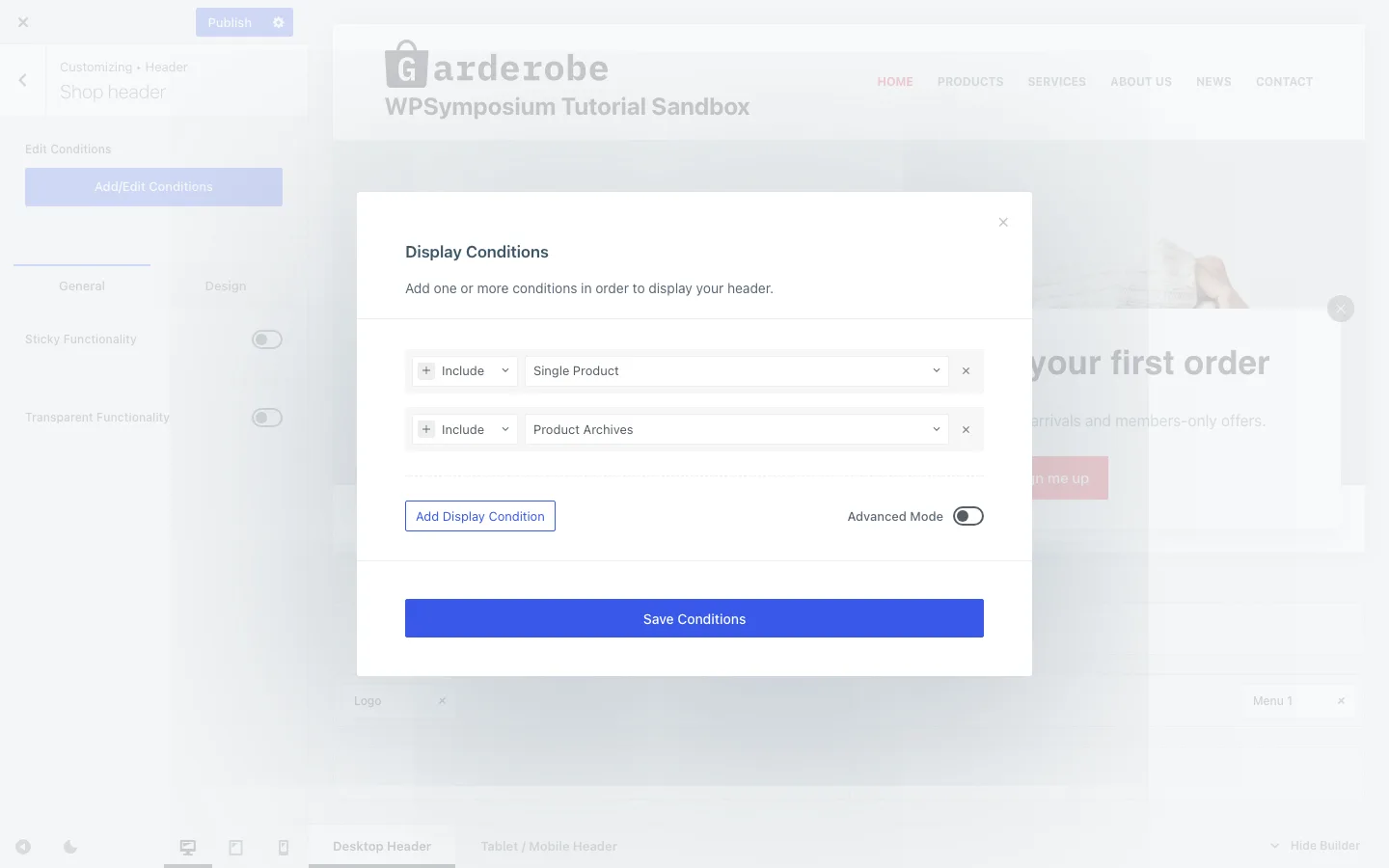 Blocksy Display Conditions dialog for a custom header, with two Include rules set to Single Product and Product Archives and an Advanced Mode switch