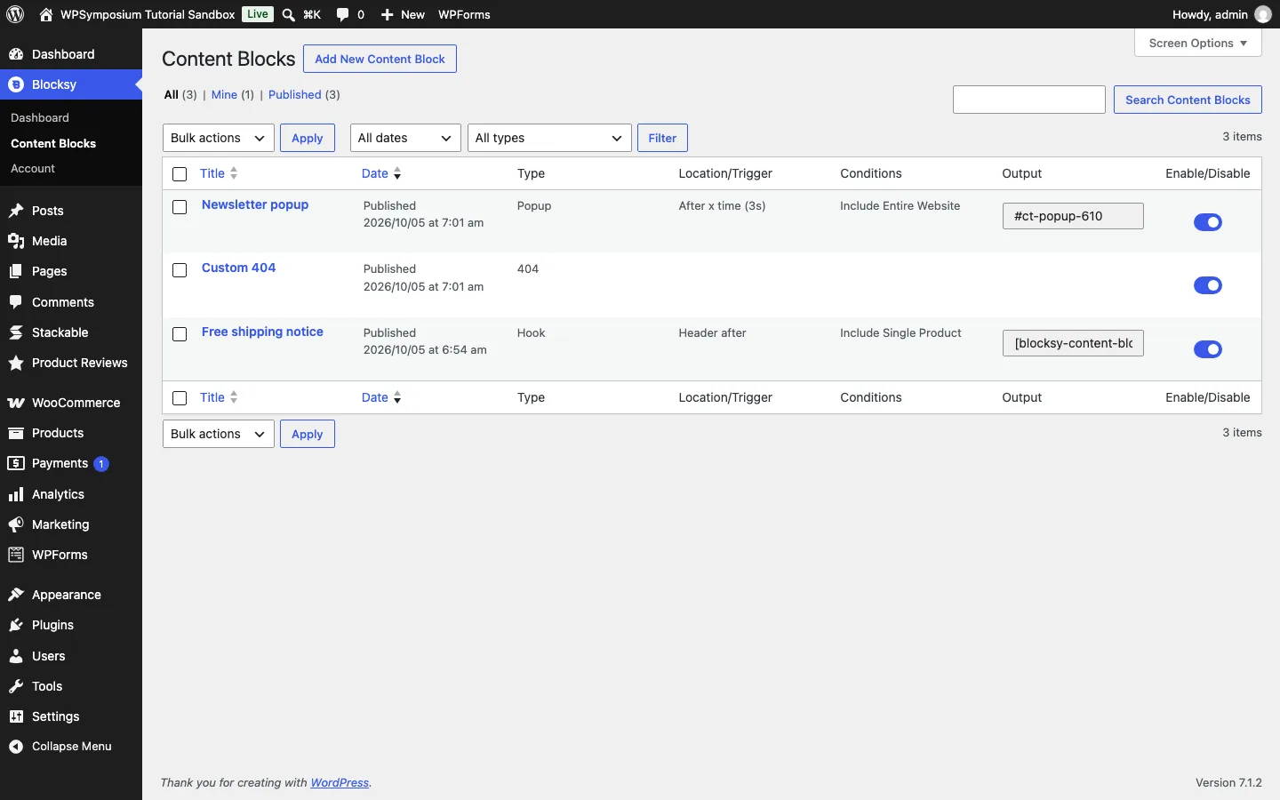 Blocksy Content Blocks list in wp-admin showing a newsletter popup triggered after 3 seconds on the entire website, a custom 404 page and a free shipping notice placed after the header on single products