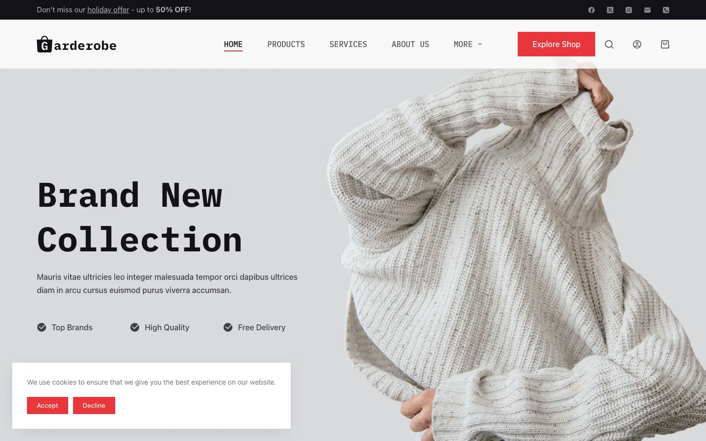Garderobe homepage with Blocksy’s cookie consent banner at the bottom left offering Accept and Decline buttons