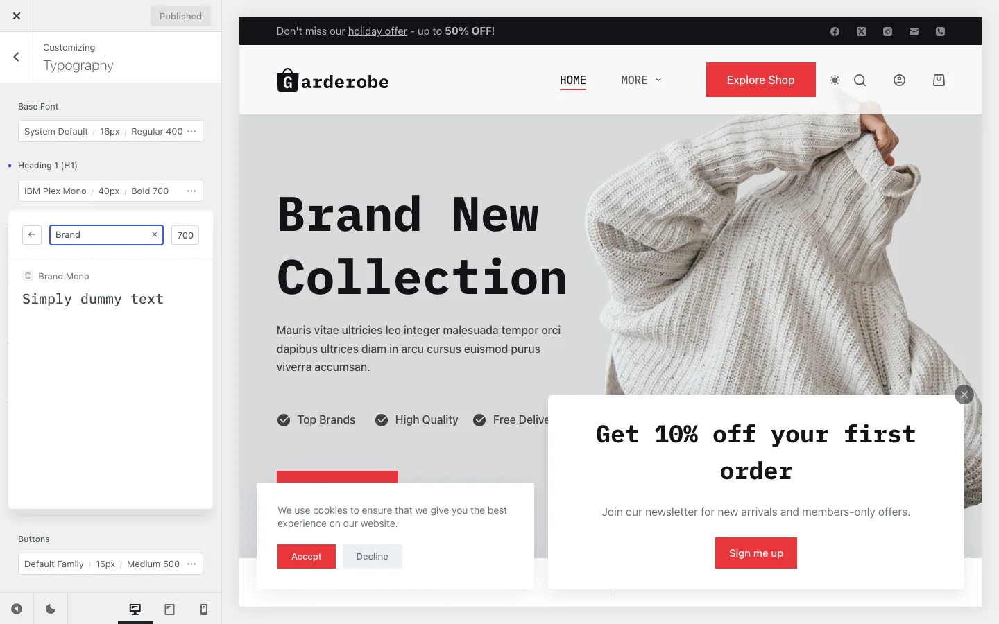 Blocksy Customizer typography panel with the font picker search showing a custom font called Brand Mono marked with a C badge