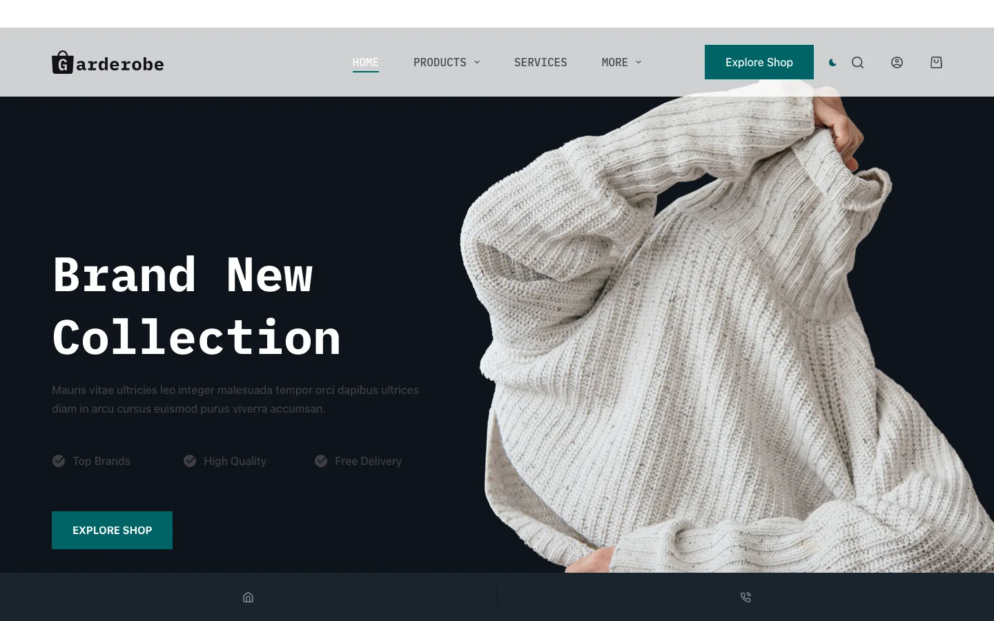 Garderobe homepage in Blocksy’s dark mode with a dark background, white headings, teal buttons and a moon icon in the header