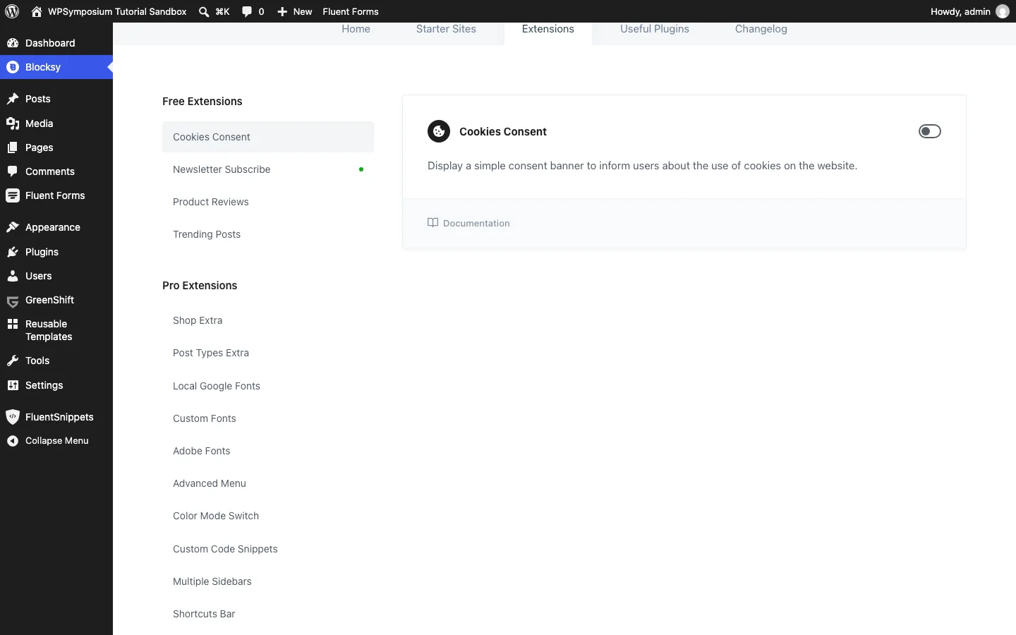 Blocksy Extensions tab listing four free extensions and eleven Pro extensions such as Shop Extra, Local Google Fonts and White Label