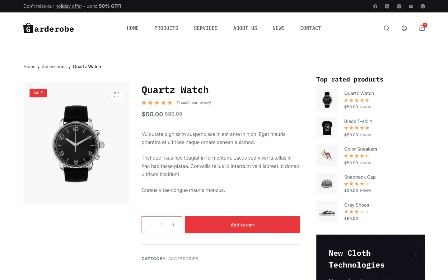Single product page for a Quartz Watch on the free version of Blocksy with a sale badge, price, description, quantity box, Add to cart button and a sidebar of top rated products