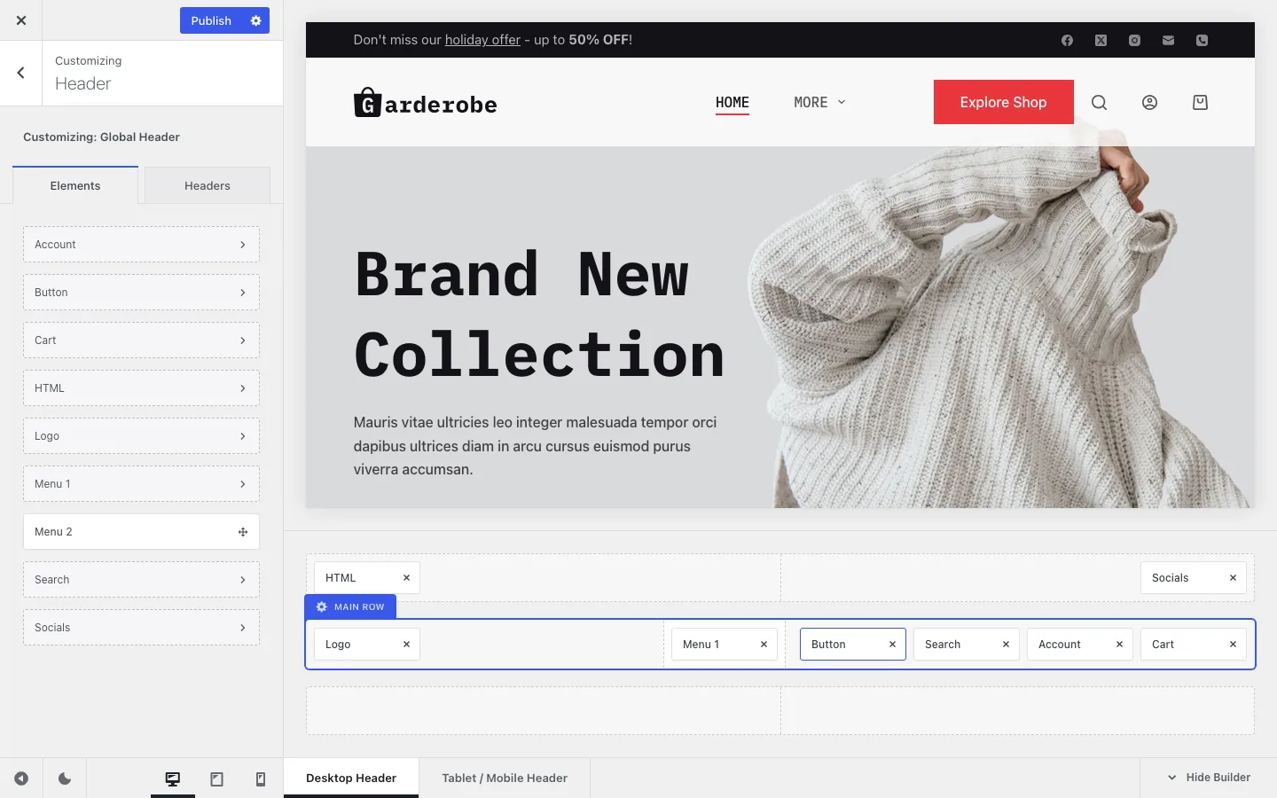 Blocksy header builder in the Customizer with a Button element dragged into the main row, the menu collapsed into a More dropdown in the live preview, and the Publish button active