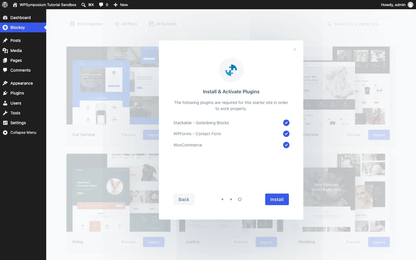 Blocksy starter site importer on step three, listing Stackable, WPForms and WooCommerce as plugins it will install and activate