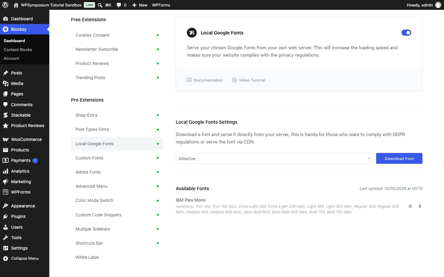 Blocksy Local Google Fonts settings with a font picker, a Download Font button and IBM Plex Mono listed under Available Fonts with fourteen variations