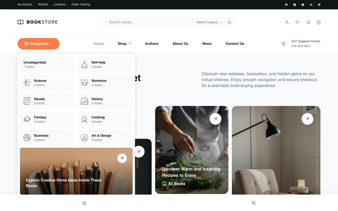 Book Store starter site with the Categories mega menu open, showing book categories with icons and counts in two columns and a featured image card at the bottom