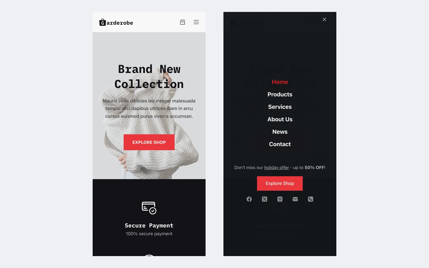 Two phone screenshots of the Garderobe site on Blocksy: the mobile homepage with a compact header, and the off-canvas menu open with menu links, a promo line, a button and social icons