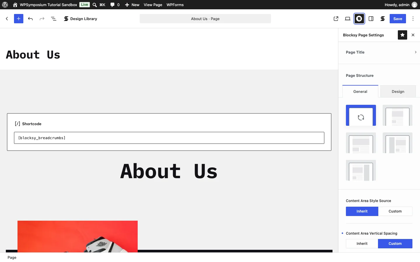 The block editor with the Blocksy Page Settings panel open on the right, showing page title, page structure choices, content area style and spacing