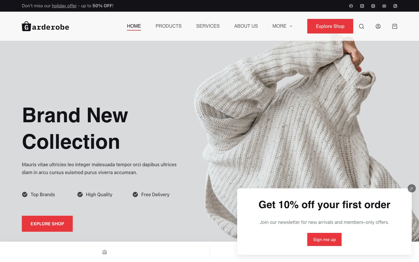 Garderobe homepage with a Blocksy popup in the corner reading Get 10% off your first order with a Sign me up button